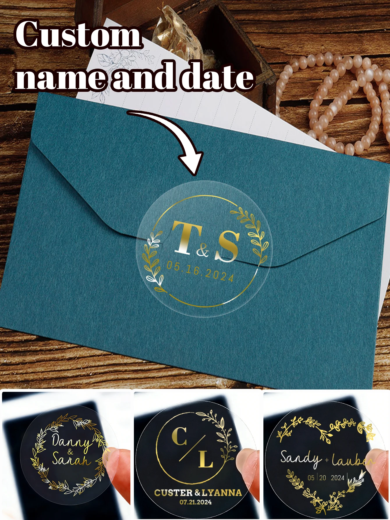 

Свадебные наклейки с золотым тиснением на заказ, персонализированные наклейки с именами, круглые наклейки с датой на заказ, для жениха и невесты, для подарочных коробок