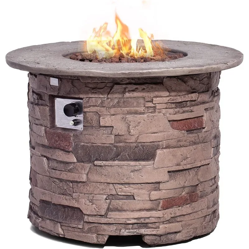 

Outdoor Propane Concrete Fire Pit Table w Imitation Stone Surface 32-inch Round Fire Table, 40,000 BTU Stainless Steel Burner