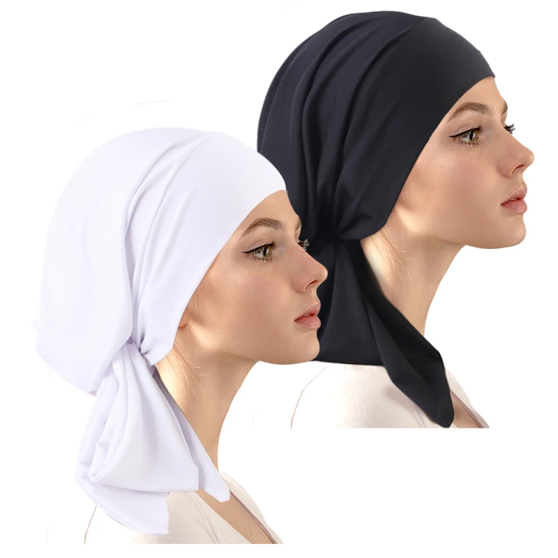 2PCS/LOT Muslim Women Stretch Solid Turban Hijab Inner Cap Beanies Bonnet Pre-Tied Scarf Headwear Headwrap Caps Accessories