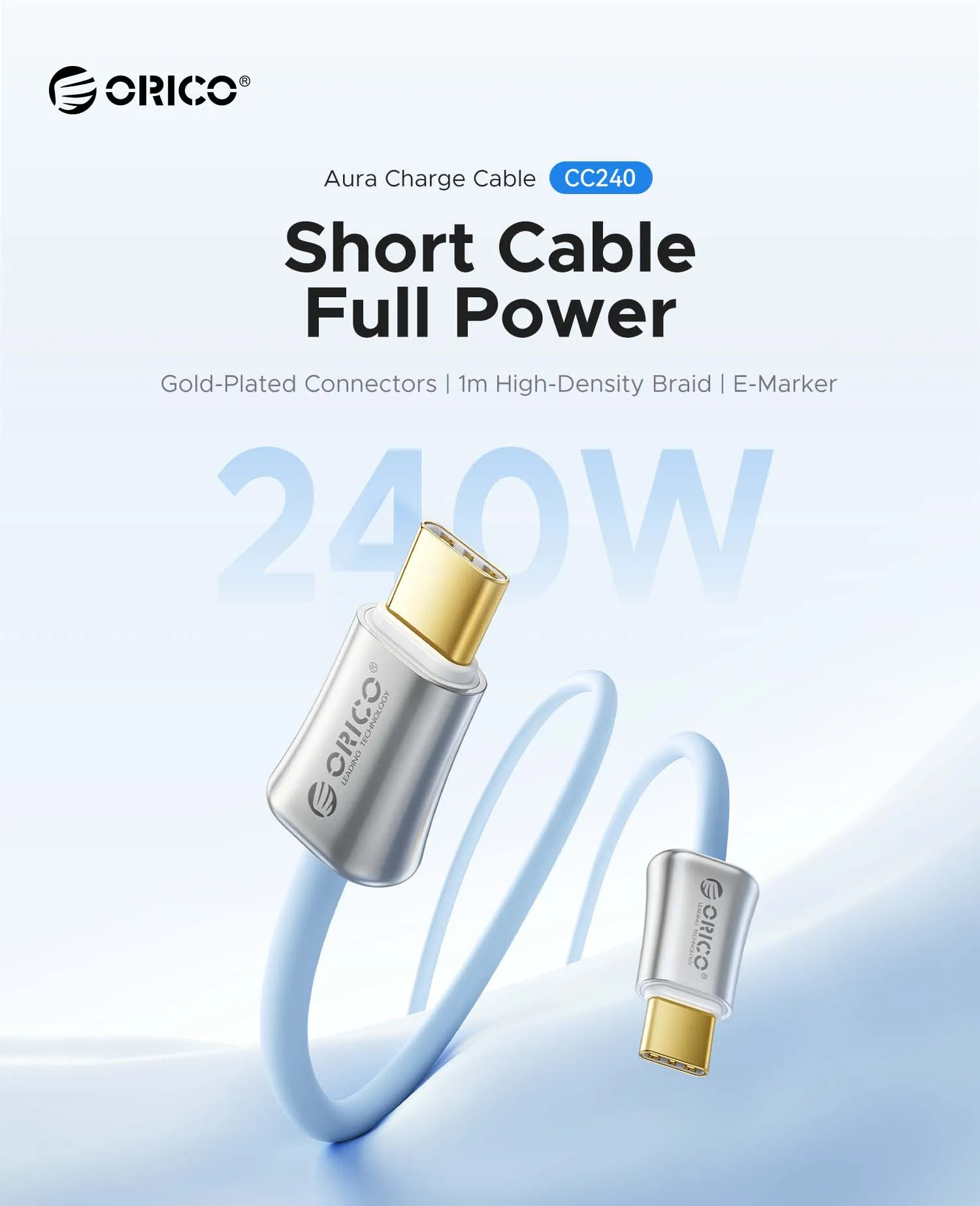 ORICO 240W PD3.1 Type C to C Cable E-Marker Chip Gold Plated Connector Soft Silicone Cord Fast Charging For Laptop Phone Gaming