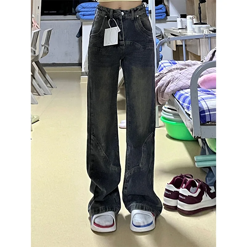 

Широкие джинсы с высокой талией в американском стиле в стиле ретро, женские весенне-осенние свободные утягивающие длинные брюки-клеш