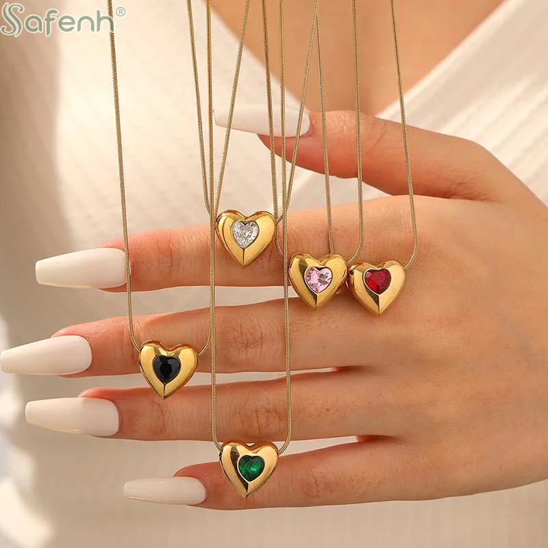 Stainless Steel Colored Zircon Inlay Heart Love Pendant Necklace Lady New Fashion Rope Chain Jewelry Glamorou