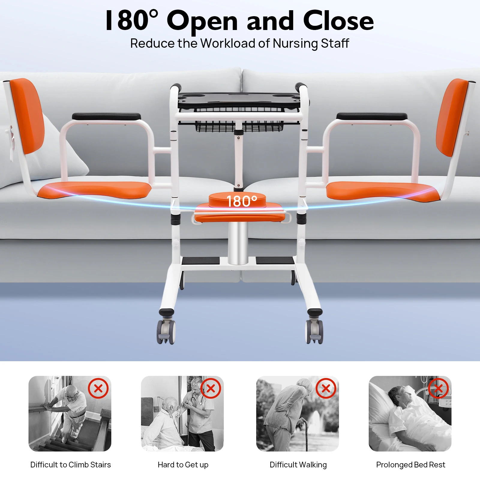 مساعد نقل الكراسي المتحركة المحمول لرفع المريض الهيدروليكي لكبار السن باللون البرتقالي والأبيض والأسود وحمولة 150 كجم #4