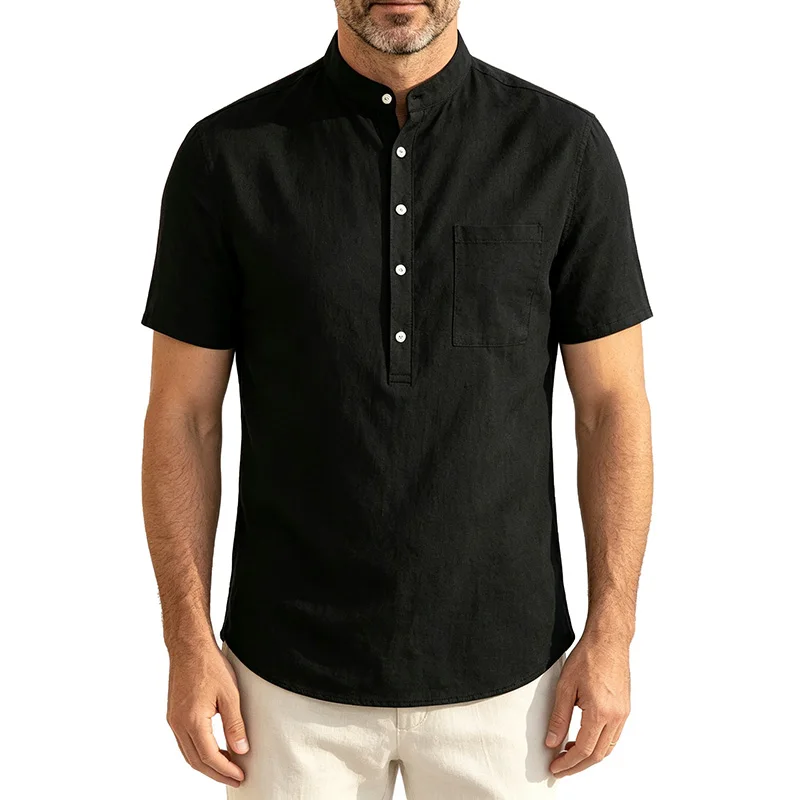 Men Cotton Linen Short Sleeve Shirt Mandarin Collar Henley Placket Chest Pocket Casual Summer Daily Streetwear Outdoor Tops