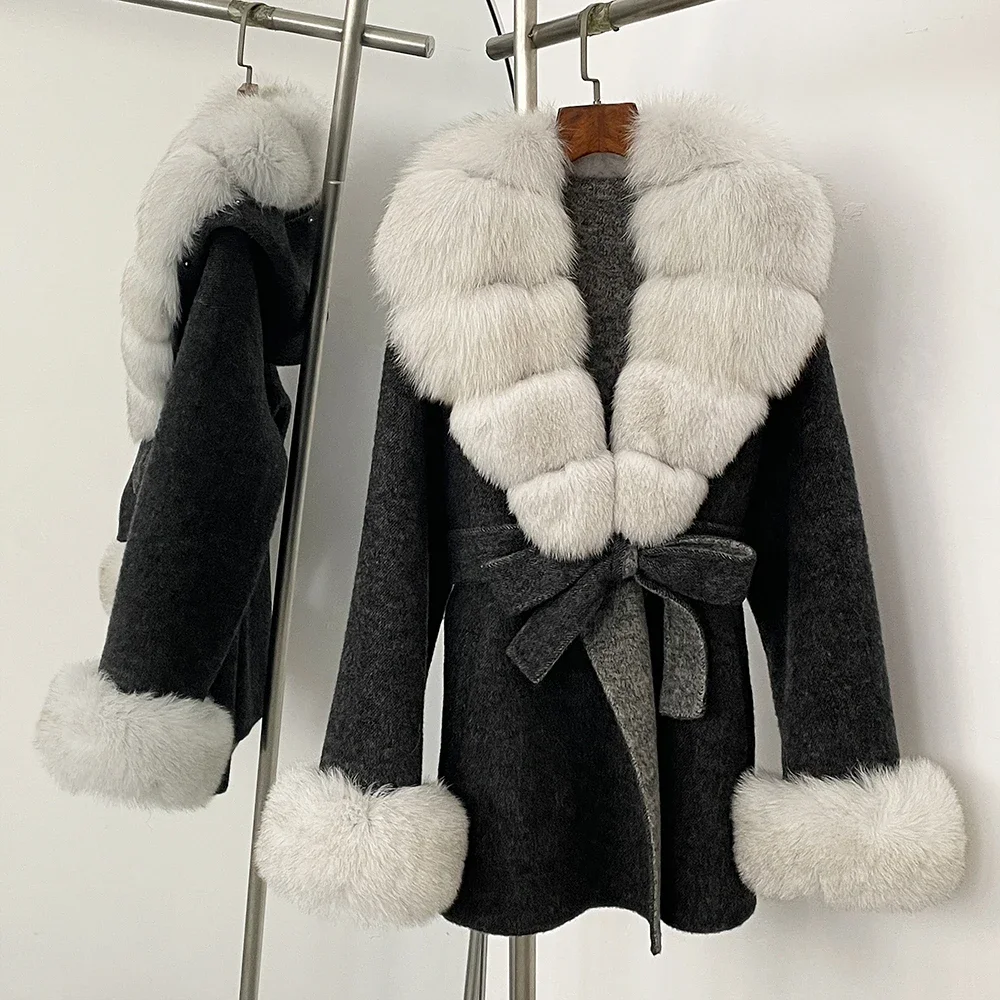 Natuurlijke bontkraag Echte vossenbontjas Luxe 2025, winter Dames Wollen jas met lange mouwen Bont Afneembare dames bovenkleding Wollen jas