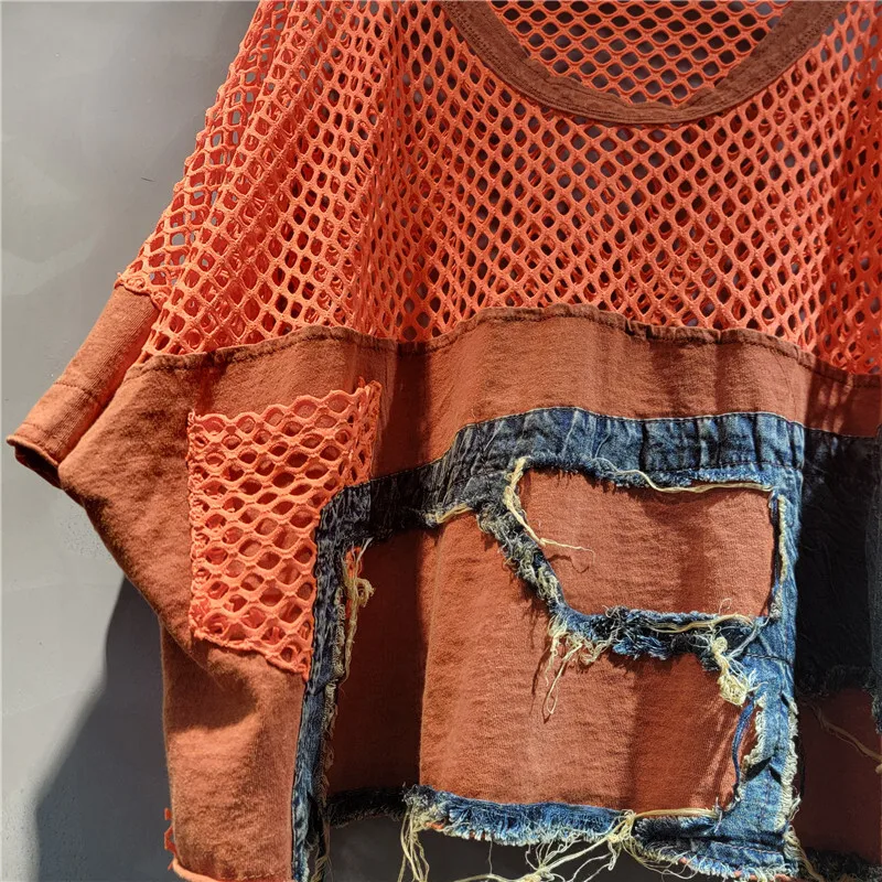 WTHT 새로운 패션 여성 스플 라이스 데님 반팔 티셔츠 탄성 높은 허리 중공 느슨한 바지 여성 1LS1933