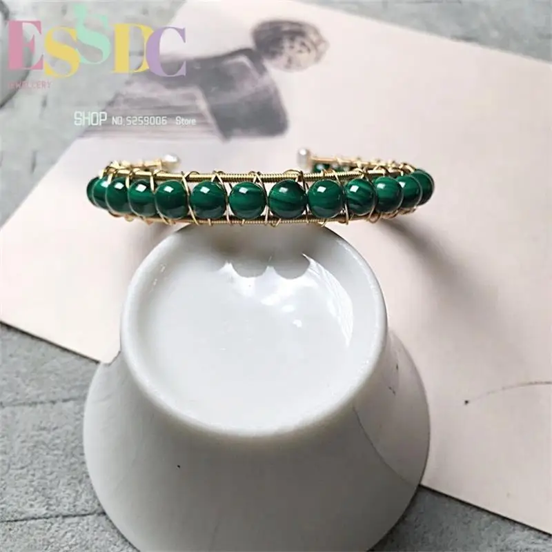 

Natural Double Row Malachite Gold Winding Wire Craft Crystal Original Bracelet Multi-ring Retro