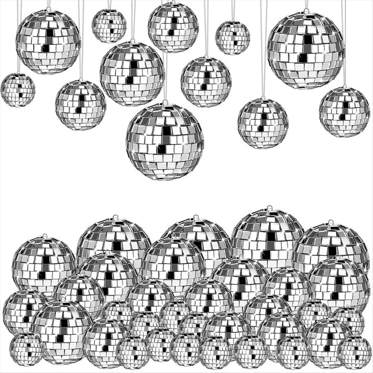 AT16 54 Pcs Disco Ball, Hanging Disco Ball Decor Mini Silver Disco Ball Cake Topper Mirror Ball Decorations Wedding Christmas