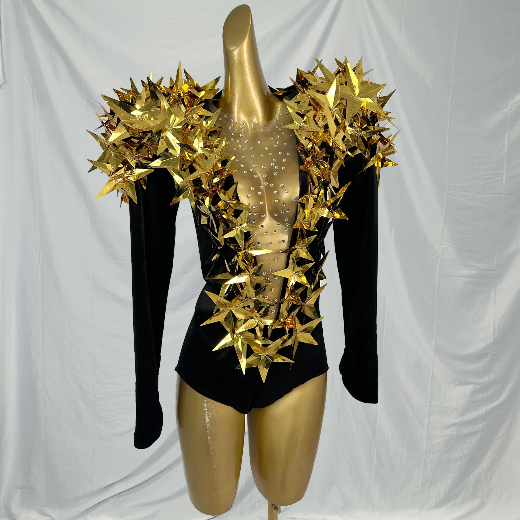 Sexy V Neck Rhinestone Bodysuit Women Cut Out Jumpsuit Dancing Clothes DJ Showgirl Leotard Gogo Dancer Costume Festival Outfit