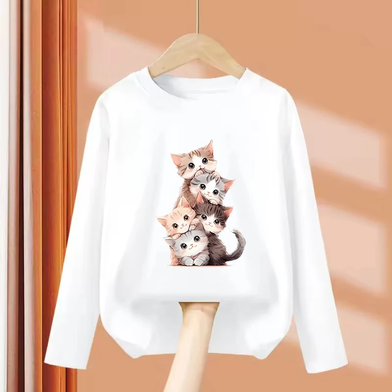 Long Sleeve Lovely Cat Graphic Kids Tshirts Summer Tees Cartoon Boys Girls Clothes Kawaii Kitten Tops Y2K Children T-shirt