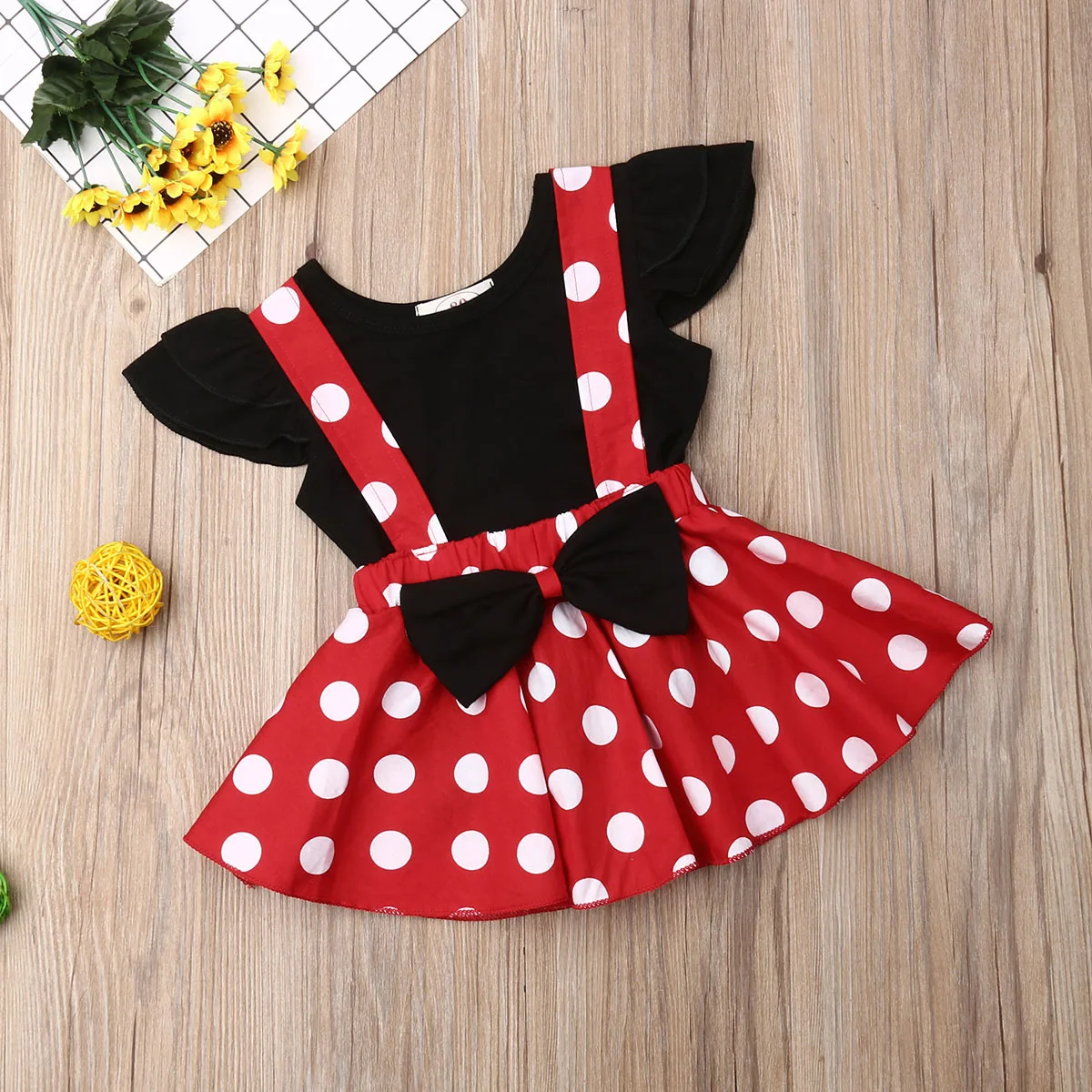 Baby Girl Cute Clothes Set Black T-Shirt Tees Tops Red Polka Dot Bow Strappy Skirt 6M-3T Toddler Kids Summer Casual Outfits