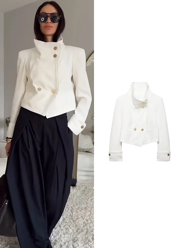 TFMLN Elegant Women Solid Jacket Full Sleeve Stand Collar Button Up Short Jackets New Spring Chic Female Street Outerwear