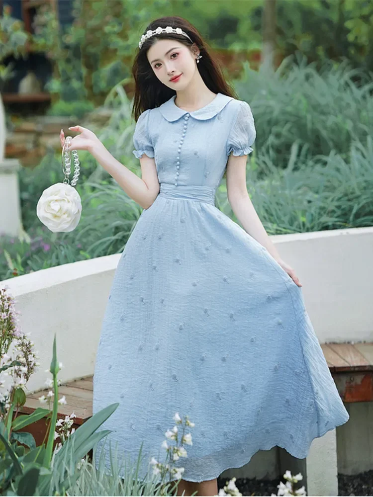 French Vintage Embroidery Dresses for Women\'s High Quality Short Sleeve Vestidos Blue Summer Peter pan Collar Sweet Dress