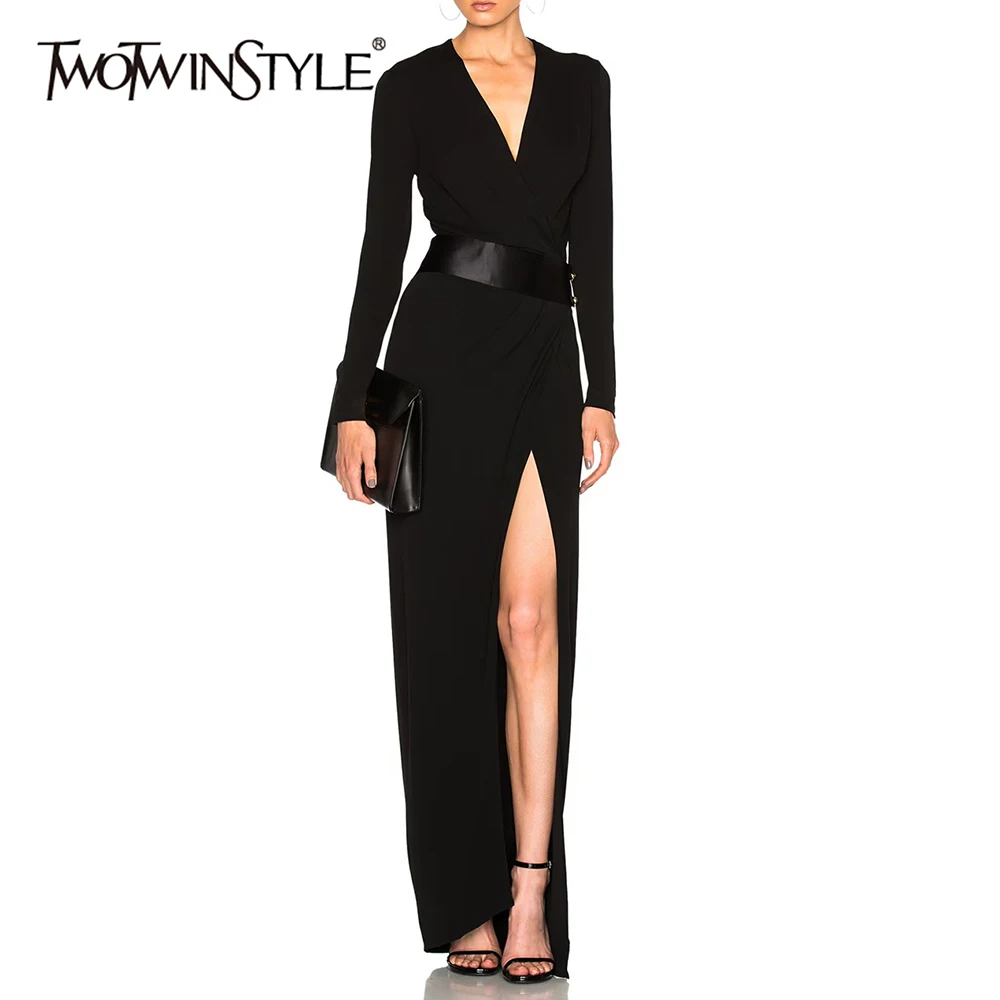 

TWOTWINSTYLE Solid Slimming Minimalist Dresses for Women V Neck Long Sleeves Split Spliced Folds Elegant Dress Female Clothing