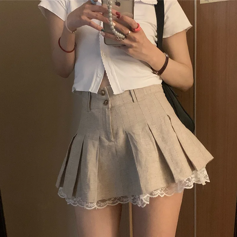 Mini Skirts Women All-match Y2k Pleated High Street Korean Style Summer Fashion Anti-glare Lace-design Hotsweet A-line College