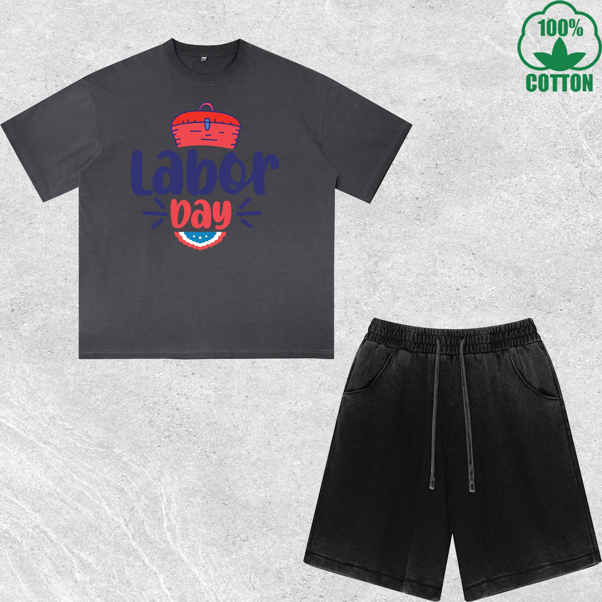 

Happy Labor Day Printed Dirty Wash T-Shirt Shorts Set Multicolor Combo Loose Trendy Fashionable 100%Cotton