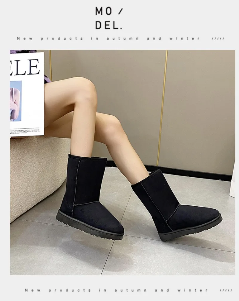 Botas femininas de quatro cores com fundo plano, salto médio e salto médio, manga redonda, antiderrapante e quente, camurça de inverno, botas de chaminé