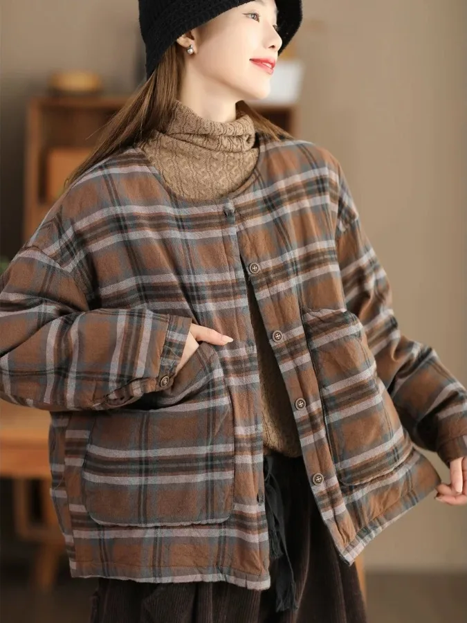 

Thiened Cotton Jaet Women's ort round Ne Retro Sle Winter Coat Large Size with Cotton Warm Flannel Outerwear