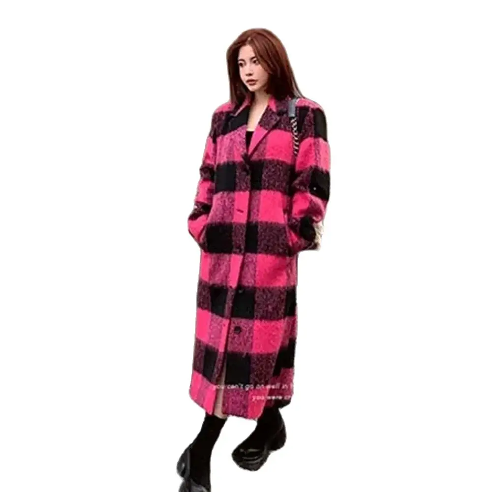 

Rose Pink Design Sense Plaid Fashion Woolen Coat Women's Autumn And winter High-quality Temperament Inner Cloth Long Coat Tide.