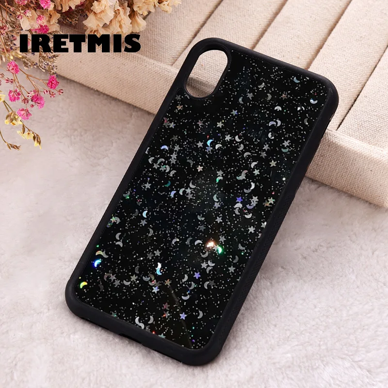 Iretmis Phone Cover Case For iPhone X XS Max XR 11 12 13 PRO MINI 14 15 16 Plus Rubber Silicone Moon & Star Sequin