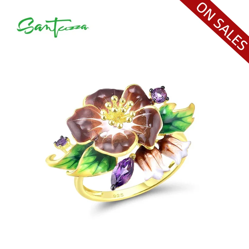 SANTUZZA Pure 925 Sterling Silver Rings For Women Exquisite Blooming Flower Amethyst CZ Ring Party Fine Jewelry Handmade Enamel