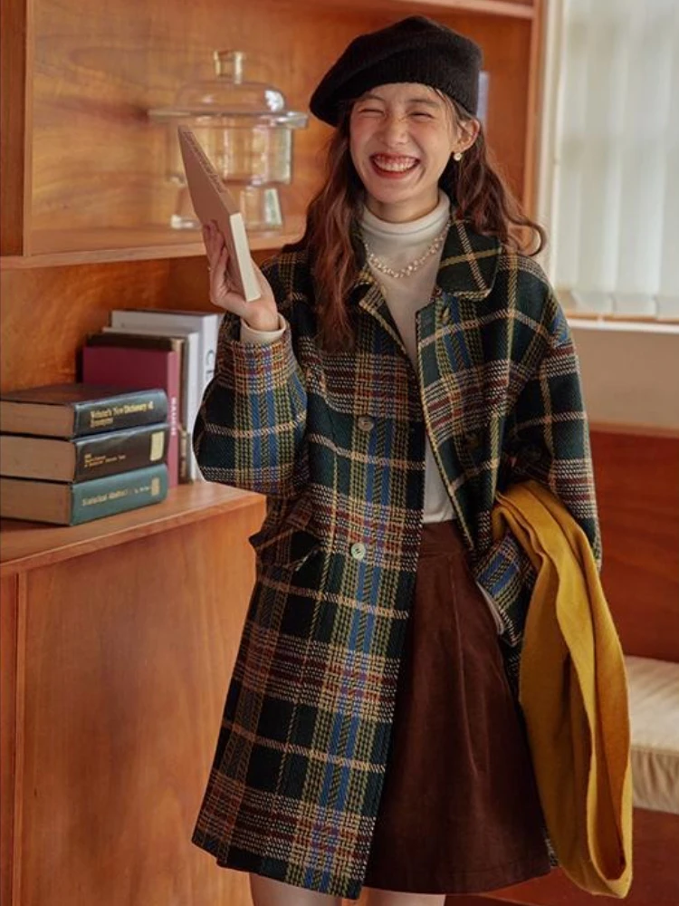 وصل حديثًا معطف صوف منقوش فرنسي عتيق لعام 2025 للنساء معطف متوسط الطول وارتفاع صغير