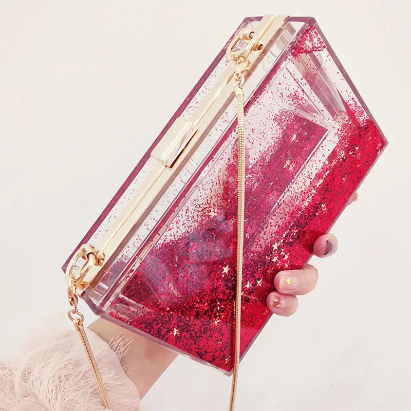 INS Red Sequined Transparent Clutch Women Pvc Box Bag Women Party Evening Purse Shoulder Bags Hard Day Clutches Bags Wedding New