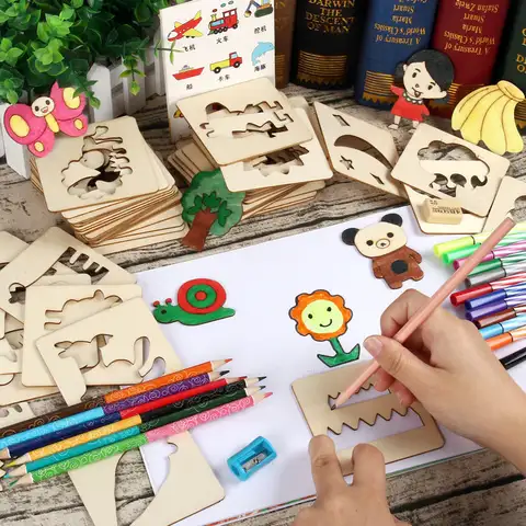 Bilashmart 20pcs Montessori Kids Drawing Toys Wooden DIY Painting Template Stencils Learning Educational Toys for Children Wooden Toy Gift
