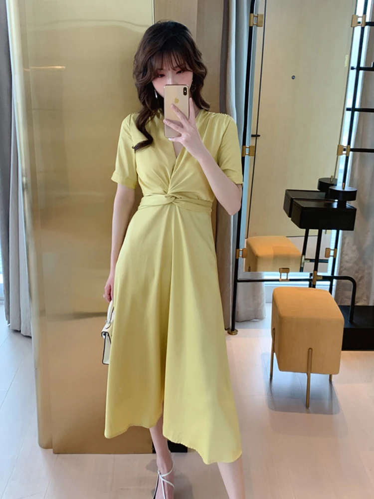 新着ファッションパーティードレス女性エレガントな夏の V ネックヴィンテージパフスリーブ気質 OL シンプルな固体スリム A ラインドレス