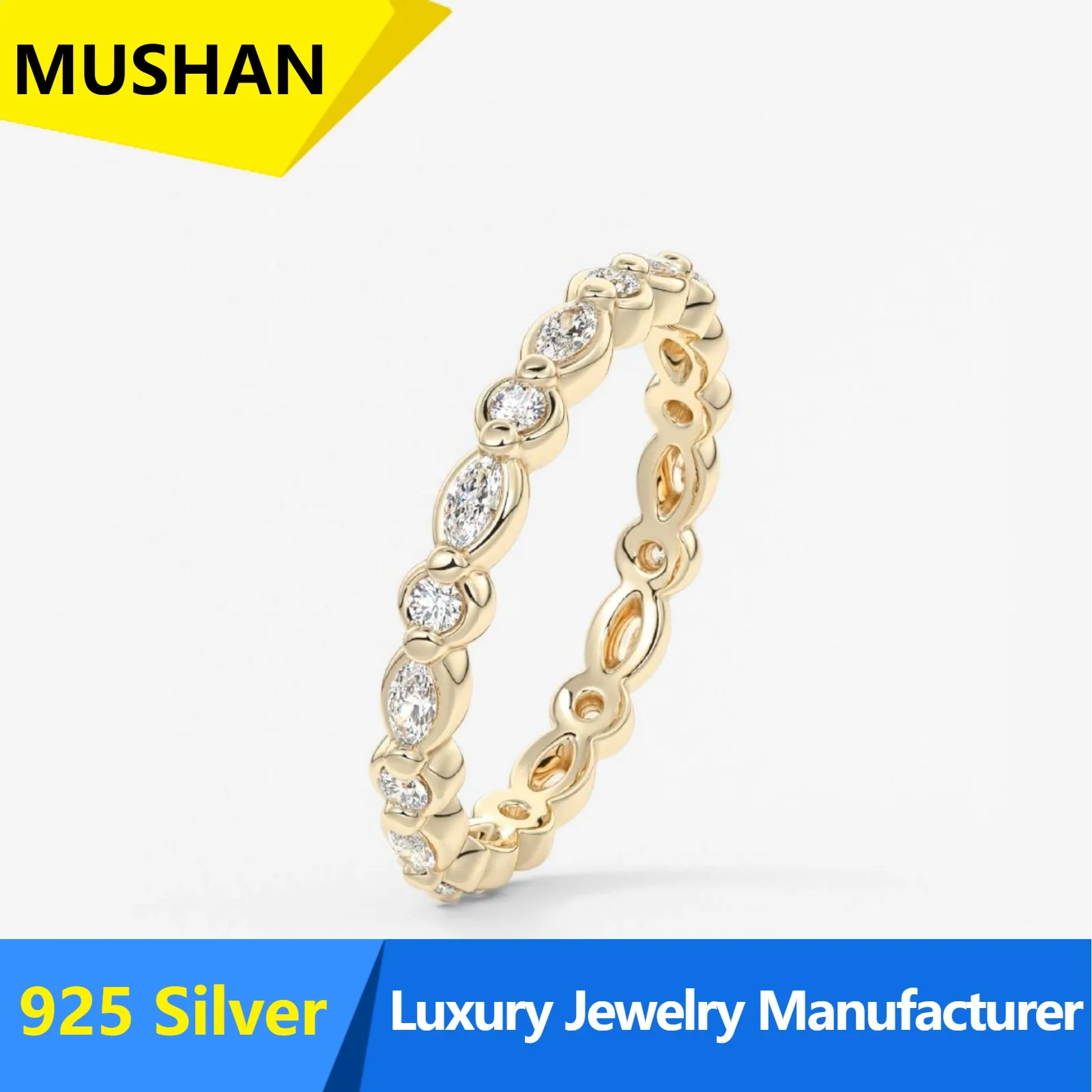 MUSHAN Luxury S925 Sterling Silver Horse Eye Round Full Inlaid Ring Stack Wear ins Fashion Moissanite Ring Plated in 18k Gold