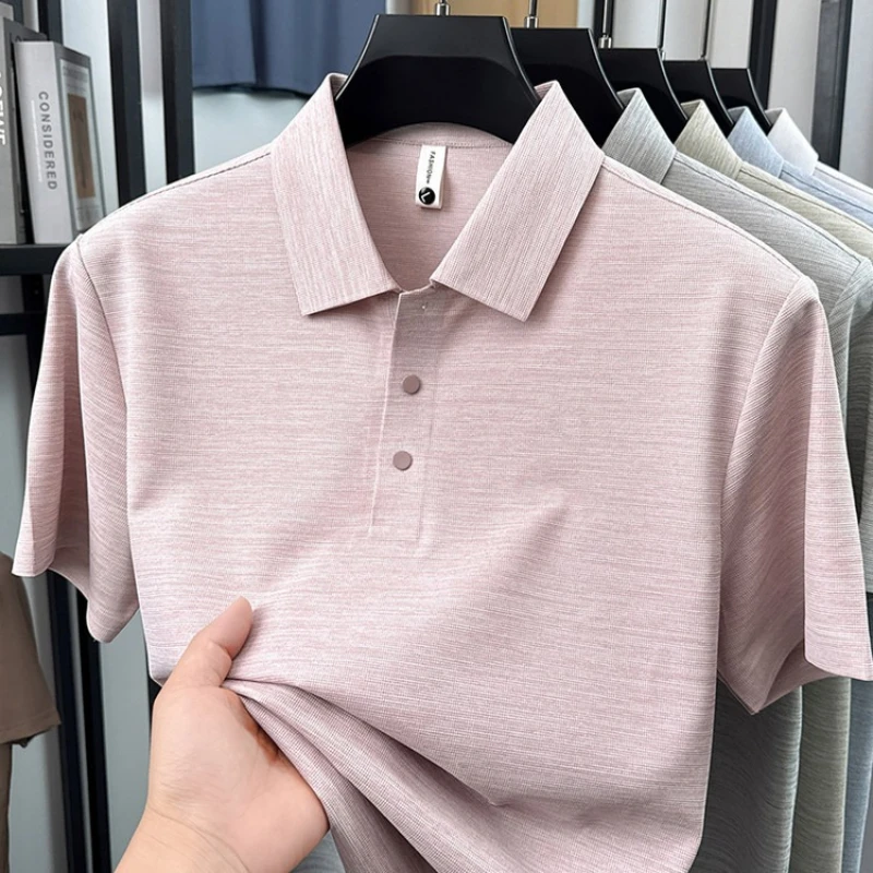 Seamless Color Cotton Polo Shirt Men Flat Knit Business Casual Short Sleeve, Breathable Quick-Dry Tee