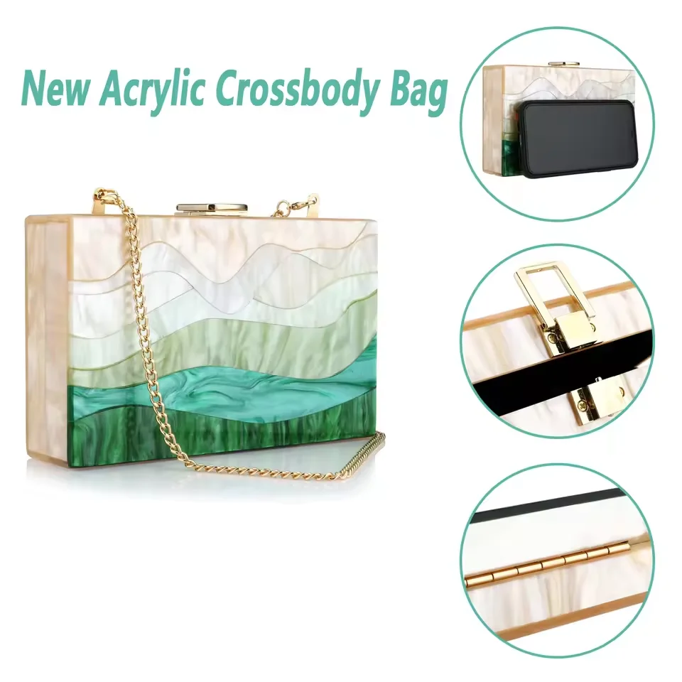 

New Trendy Bags Fashion Women Handbags Green Beige Striped Acrylic Luxury Party Evening Bag Woman Casual Cute Box Clutch Purse
