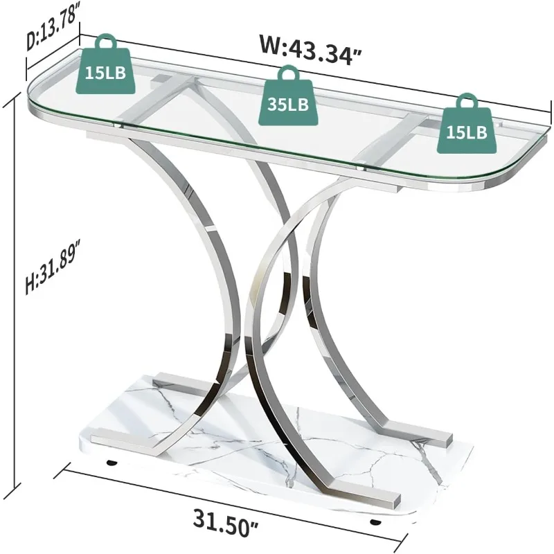 Silver Glass Console Tables for Entryway,Glass Entryway Table with Curved Frames and Marble Base.