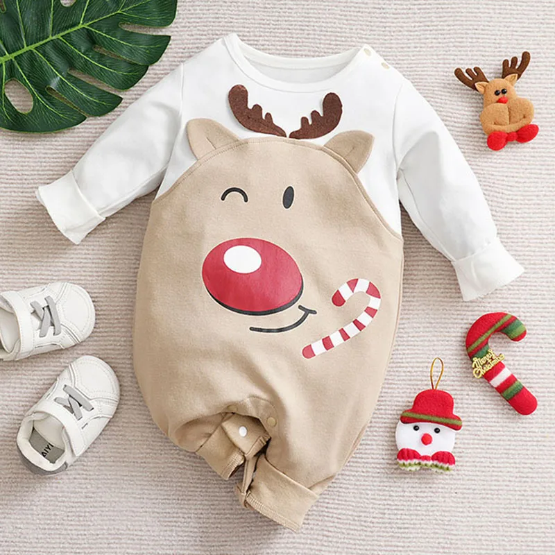 Christmas Costume 2023 New Year Clothing Toddler Baby Boys Girl Romper Long Sleeved Cotton Cartoon Print Infant Baby Jumpsuit