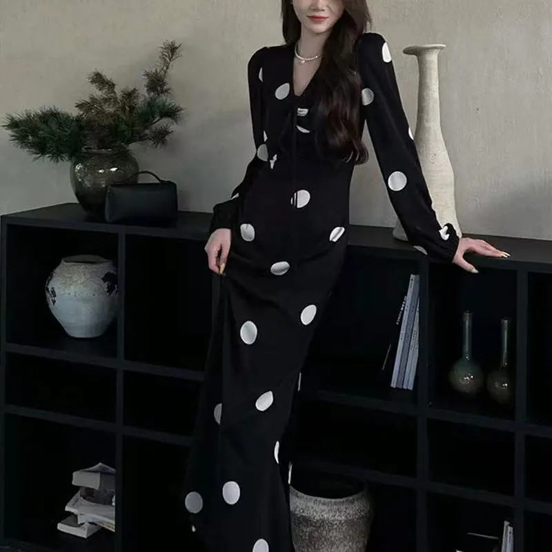 Commute Polka Dot Aura Dresses Spring Autumn Basic Long Sleeve Women's Clothing Chic Drawstring Elegant A-Line Split Midi Dress