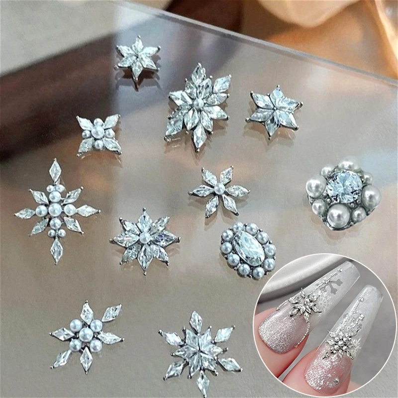 

Glitter Snowflake Flower Star Rhinestones Zircon Crystal Pearl Romantic Shiny Silver Nail Art Decorations Manicure Accessories