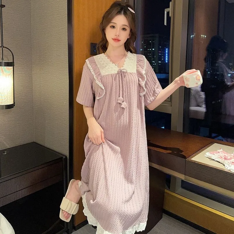 

Princess Short Sleeve Pajama Skirt Mid Length New Summer Cute Sweet Sleepwear Dress Loose Fitting Girl Ruffled Edges Nightgowns