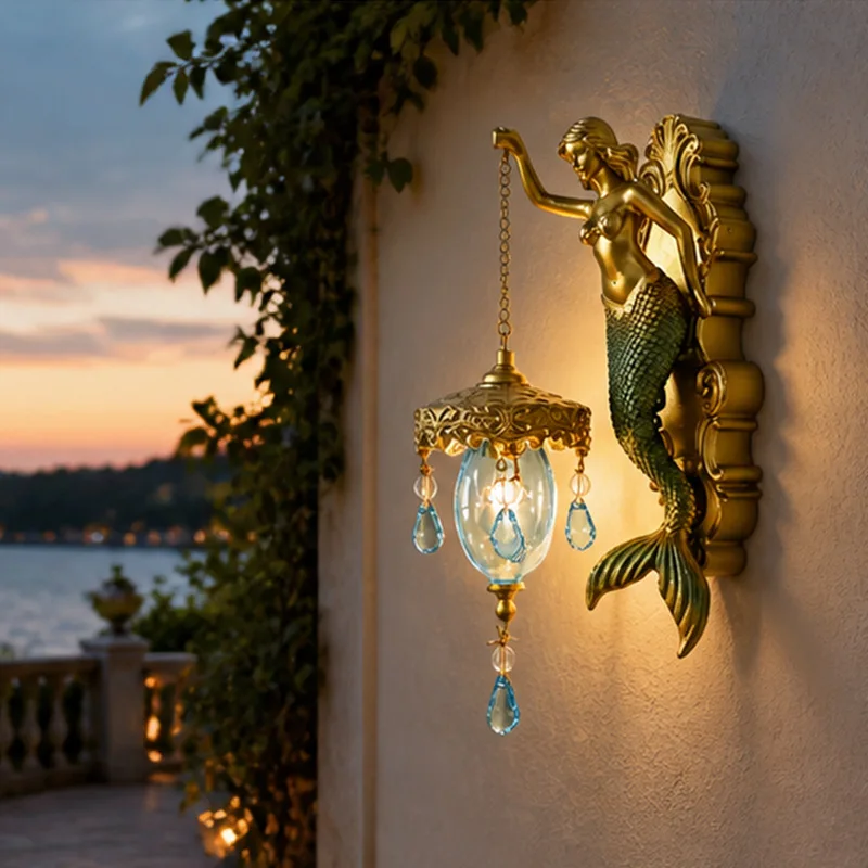 Unique Mermaid Design Wall Lamp Soft Ambient Light Vintage Charm Door Window Decor Hanging Lights European Sculpture Ornaments