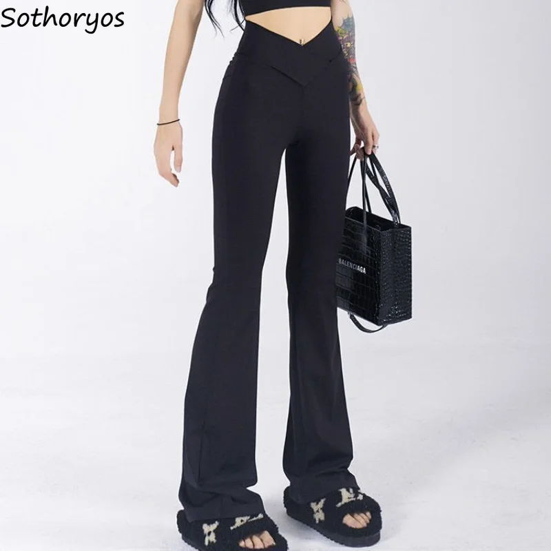 High V-waist Design Flare Pants Women S-4XL Sexy Office Lady Smooth Casual Chic Korean Style Trousers Female Autumn New Fashion