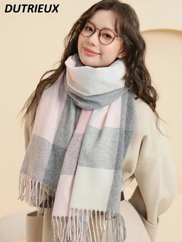 Sweet and Cute Girl Versatile Plaid Scarf New Winter Korean Atmosphere Outdoor Warm Long Scarf Shawl Scarves for Women