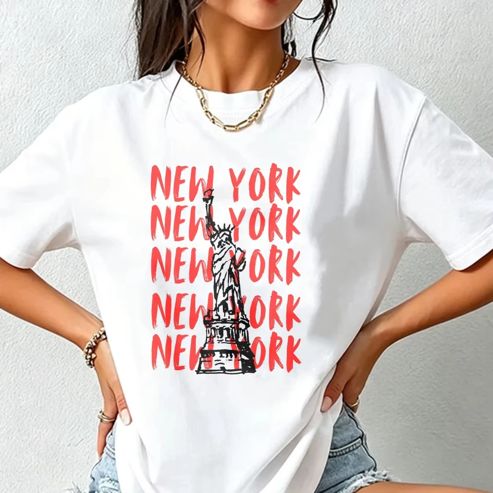 New York Handwritten Graphic Tshirt Statue Of Liberty Red Text USA Cityscape Souvenir Men Women Shirt Fashion City Cotton Tees