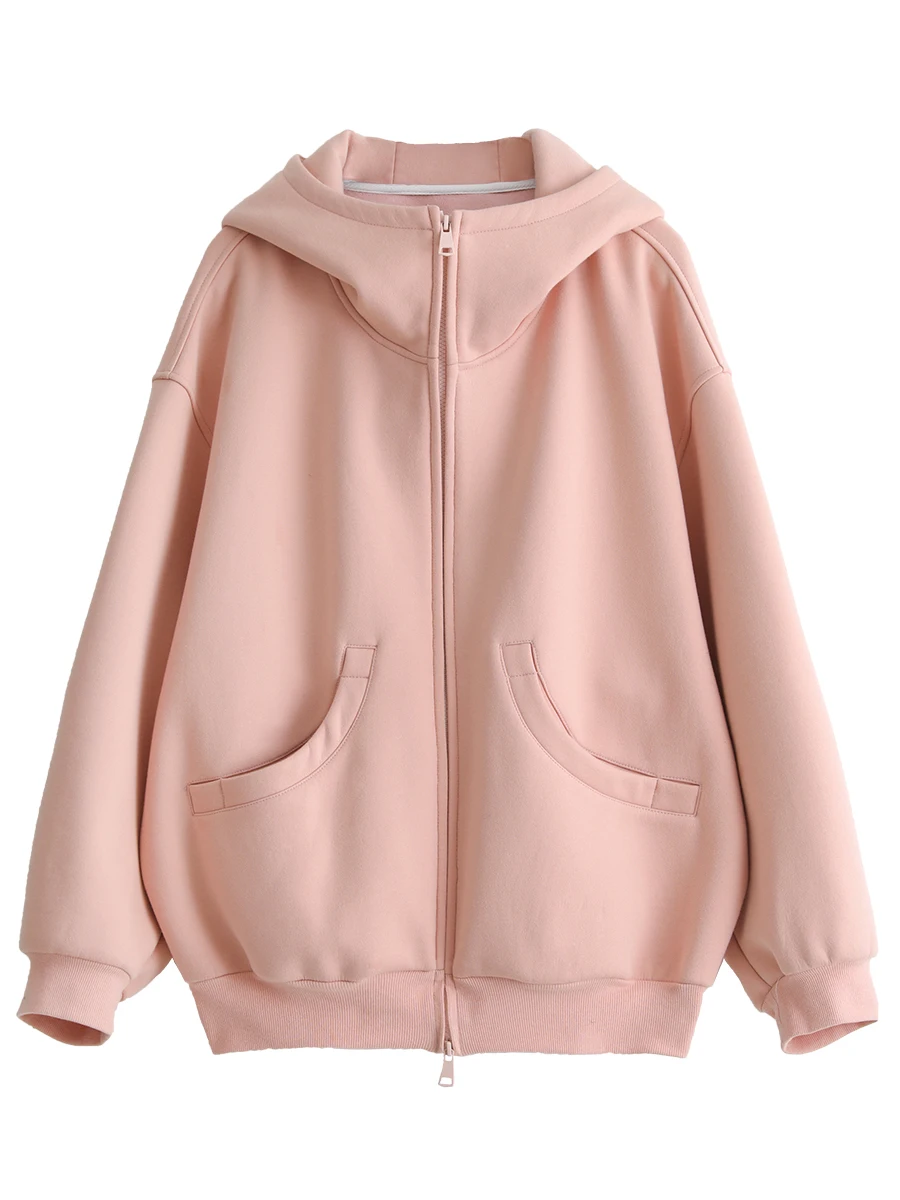 CHIC VEN Women Sweatshirts Loose Casual Hooded Long Sleeves with Plush Sweater Double Zipper Oversize Coat Spring Autumn 2024