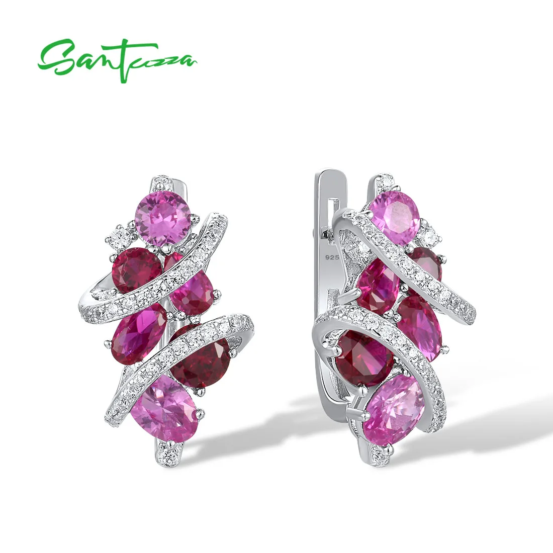 SANTUZZA 925 Sterling Silver Earrings For Women Sparkling Lab Created Pink Sapphire White CZ Wedding Trendy Fine Chic Jewelry