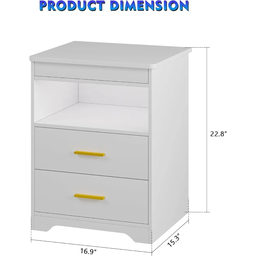 LED Nightstand with Gun Drawer, Modern Beside Table with Charging Station, Auto Sensor 3 Color Dimmable Night Stand