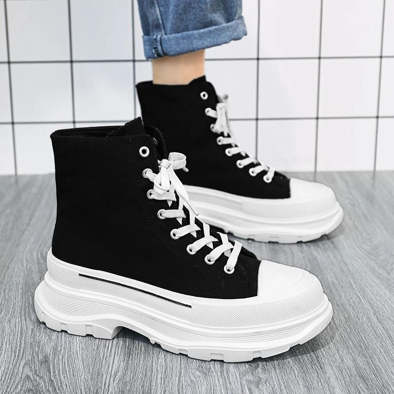 Men Canvas High Top Sneakers Korean Style Platform Shoes Autumn Thick Sole Casual Fashion Versatile Streetwear
