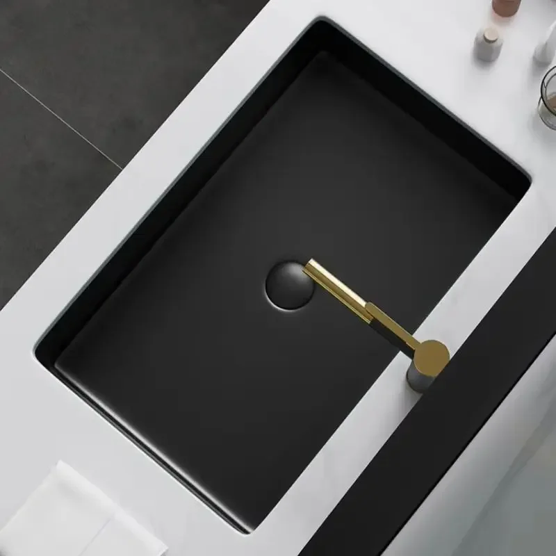 Square Embedded Ceramic Washing Table, Nordic Flat Bottom, Large Capacity, Black Matte, Under the Counter, Face Hand Basin