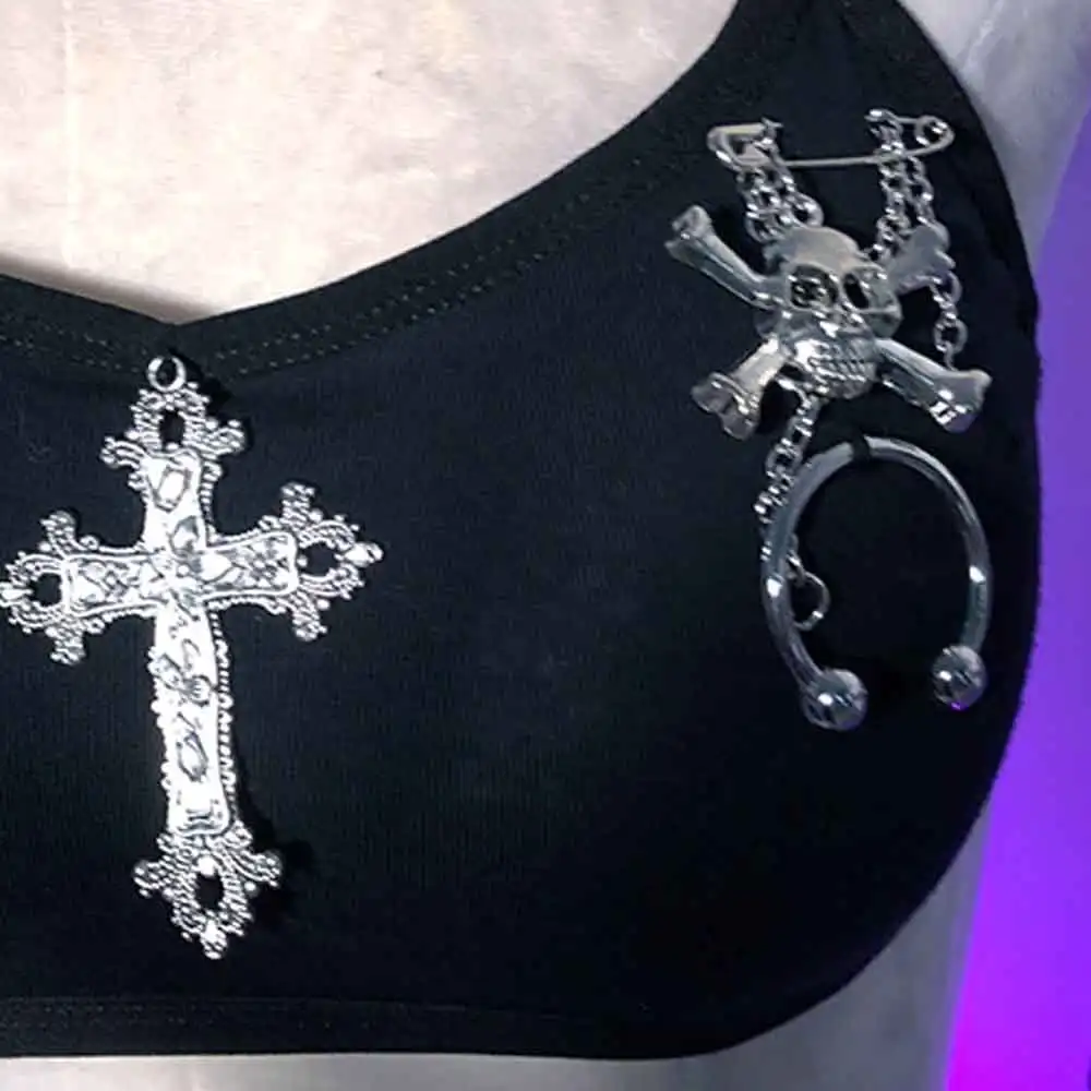Harajuku Gotico E-Girls Teschio Goth Y2K Halter Canotta TOP Trendy Club Wear Eco anni '90 Punk Rock Emo Fai da te Kawaii Grunge Cross