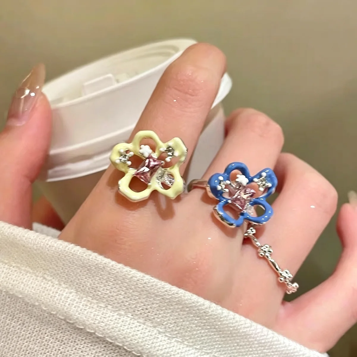 Y2K Colorful Drip Oil Flower Rings for Women Sweet Cute Geometric Block Zircon Rings Fashion Aesthetic Jewelry Gifts
