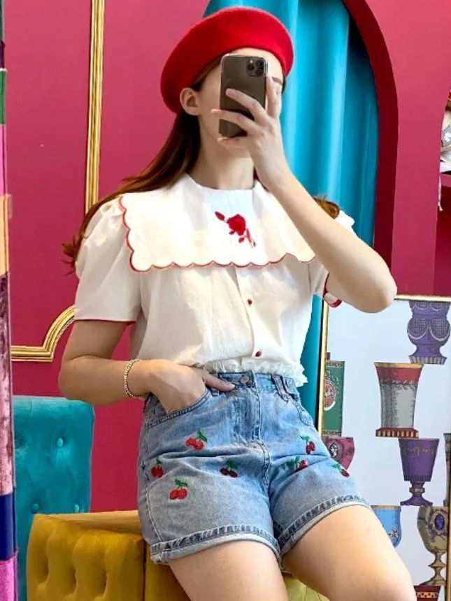 

Шикарный воротник в стиле ретро с вышивкой розы irt Color Blo Doll Collar Front Ba Двусторонняя одежда Sweet Sle Bubble Sve Regular Fit