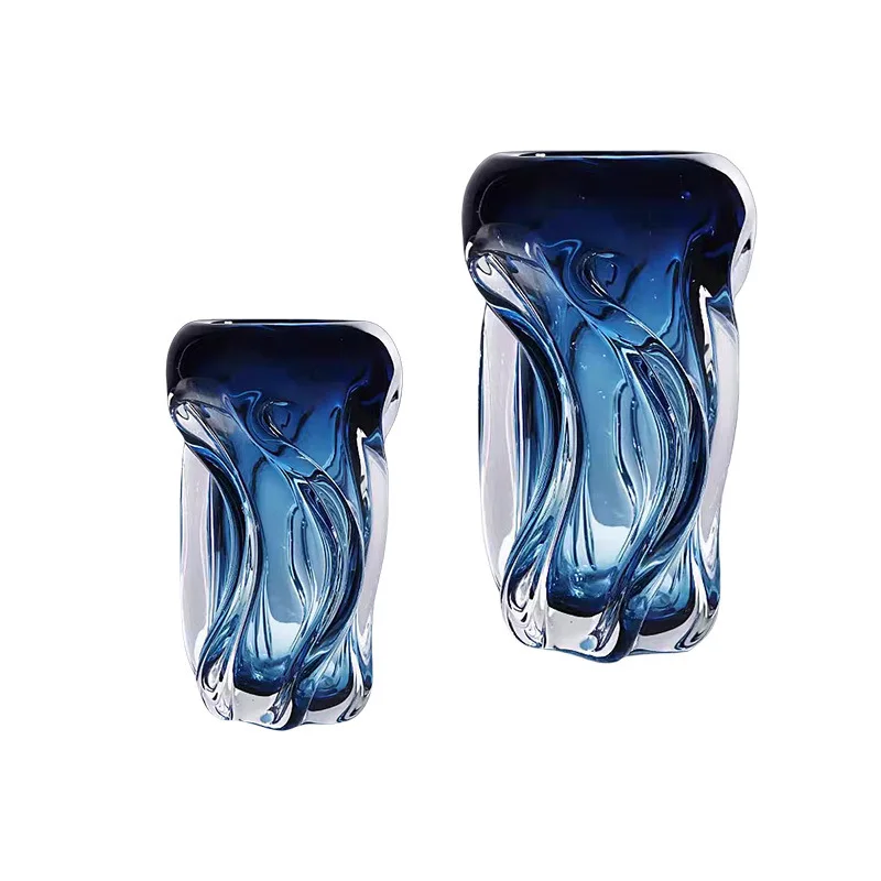 

2025 new light luxury haze blue handmade glazed vase fruit plate set, creative twist ornament in home model room
